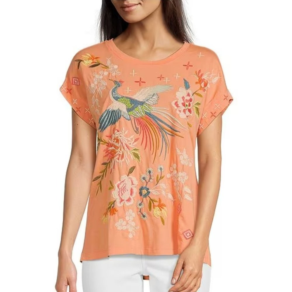 Johnny Was Los Angeles Ceretti Relaxed Tee Top Cadmium Orange Small